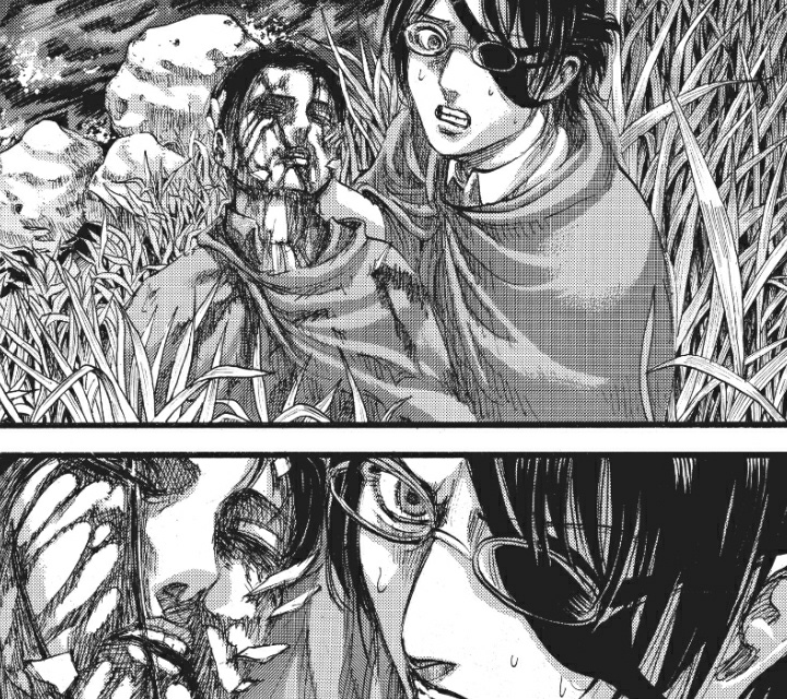 hanji risked their life to save levi even though the situation seemed dangerous. outnumbered, surrounded by armed yeagerists and a titan shifter, it was a very disadvantageous situation for them but that did not deter hanji.