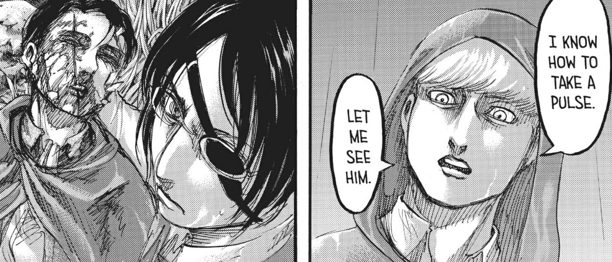 +hanji looked livid when floch offered to take levi's pulse. floch wanted levi dead because he is a big threat to them and hanji definitely doesn't have any intention of letting floch harm levi.