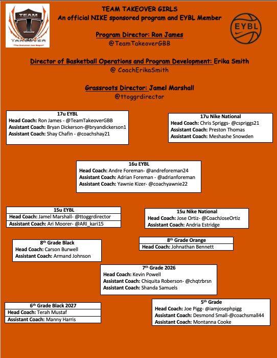 Catch <a href="/TeamTakeoverGBB/">TeamTakeoverGirlsBB</a> at Boo Williams this weekend! We will have 5 teams representing the program. 17u EYBL, 16u EYBL, 15u EYBL, 8th Grade Black and our 7th Grade team will be playing up as 8th Grade Orange. Meet the Coaches and follow for updates this weekend and this season!