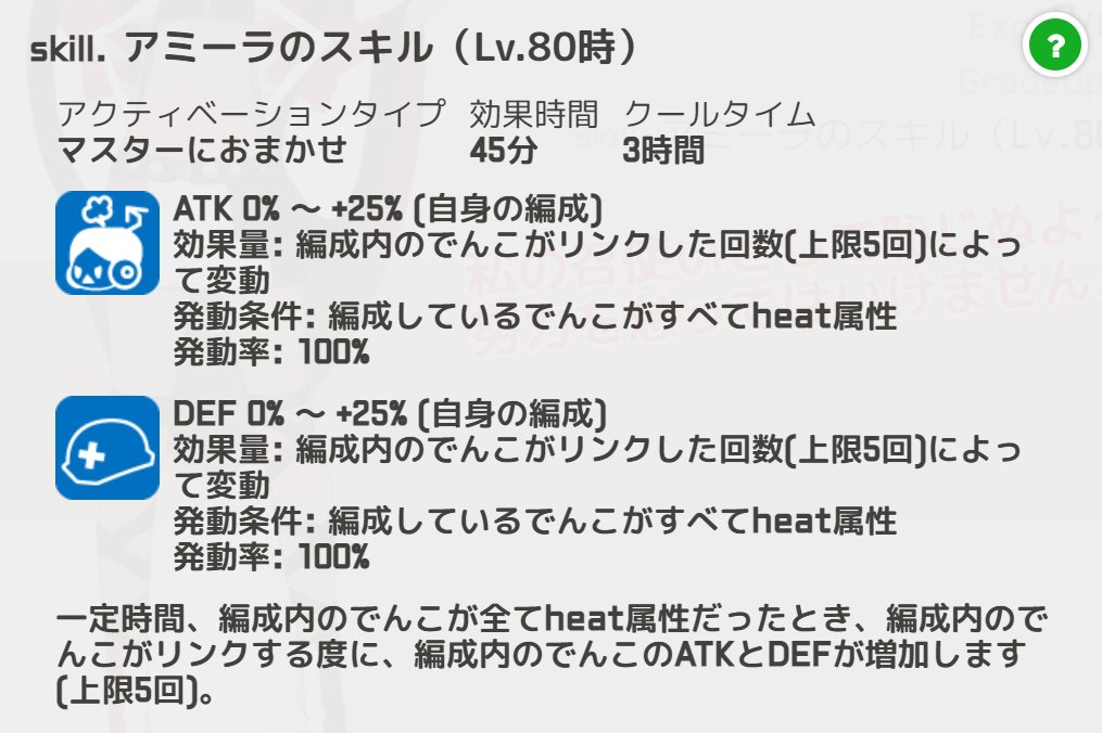 駅メモ 公式 本日登場した3体のでんこのスキルをご紹介 まずはアミーラ 一定時間 編成内のでんこが全てheat 属性だったとき 編成内のでんこがリンクする度に 編成内のでんこのatkとdefが増加します リンクを取りやすいでんこと組み合わせると 最大 駅メモ 公式 本日登場した3体のでんこのスキルをご紹介 まずはアミーラ 一定時間 編成内のでんこが全てheat 属性だったとき 編成内のでんこがリンクする度に 編成内のでんこのatkとdefが増加します リンクを取りやすいでんこと組み合わせると 最大