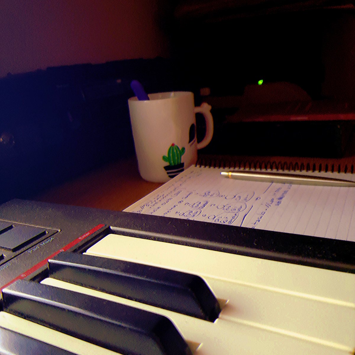 Here we are, preparing new music accompanied by a rich bowling tea!! 🎧🎵🎼🎹🎶