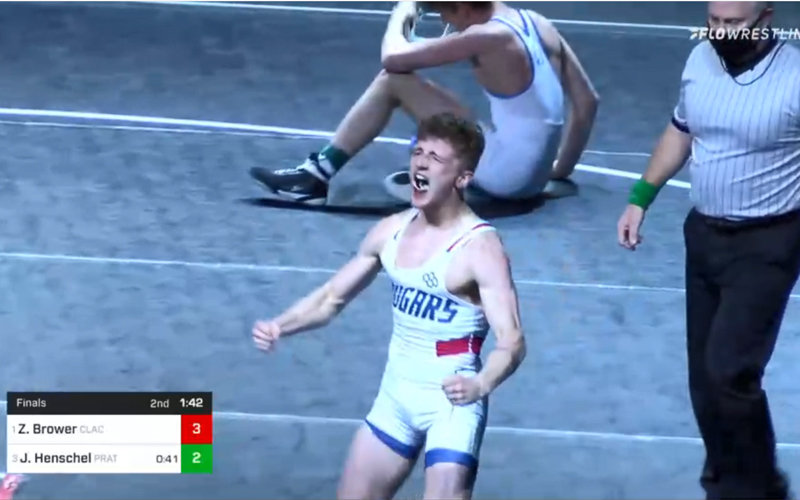 USAWrestling's tweet photo. Brower’s finals pin gives Clackamas its third straight @NJCAA team title, with Western Wyoming in second
@CCCWrestling 

📝: https://t.co/yEpDKPw63k https://t.co/2DLihJ7BKv