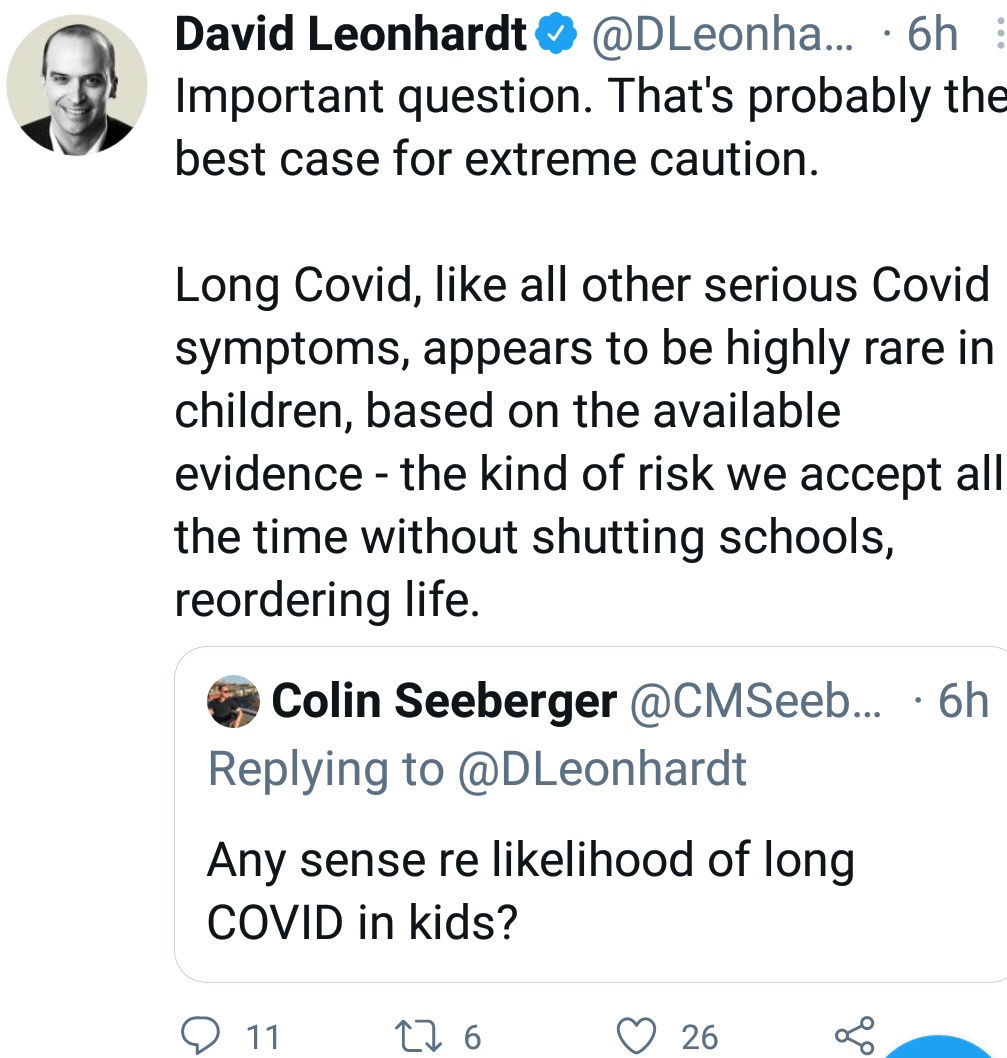 Finally, I haven't looked to see who has talked about this; kind of a self-care thing. But  @LongCovidKids  @dgurdasani1  @DrZoeHyde and all amazing people - "Long COVID, like all other serious COVID symptoms, appears to be highly rare in children" acceptable risk, etc. And .