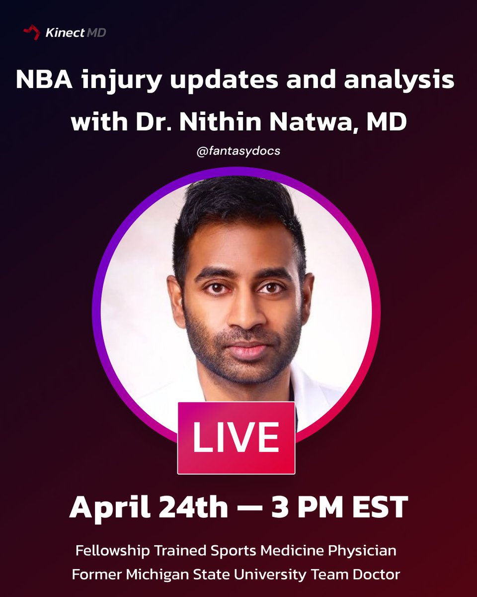KinectMD's tweet photo. On Saturday, April 24th at 3pm EST we will be hosting an Instagram Live session with Dr. Nithin Natwa, MD (@NatwaMD). We will highlight some of the recent major NBA injuries and further breakdown all the sports medicine information about these injuries. #KinectMD #fantasydocs https://t.co/W6rzVyPn5o