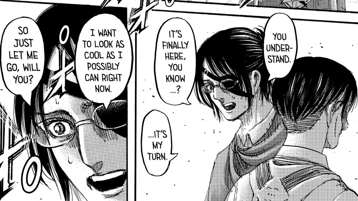 it seems that hanji already felt that levi was going to stop them and that's why instead of saying goodbye, hanji asks levi "you understand..", "so just let me go will you?"