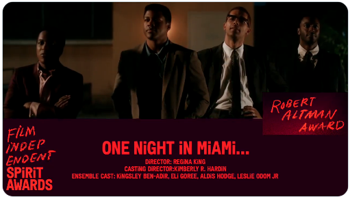 filmindependent's tweet image. Super congrats to #OneNightInMiami (@ONIMfilm) for receiving the #RobertAltmanAward! #Director @ReginaKing, #CastingDirector @KimberlyRHardin and #EnsembleCast @kingsleybenadir, @TheRealEliGoree, @AldisHodge and @leslieodomjr accepted. #SpiritAwards 🎉