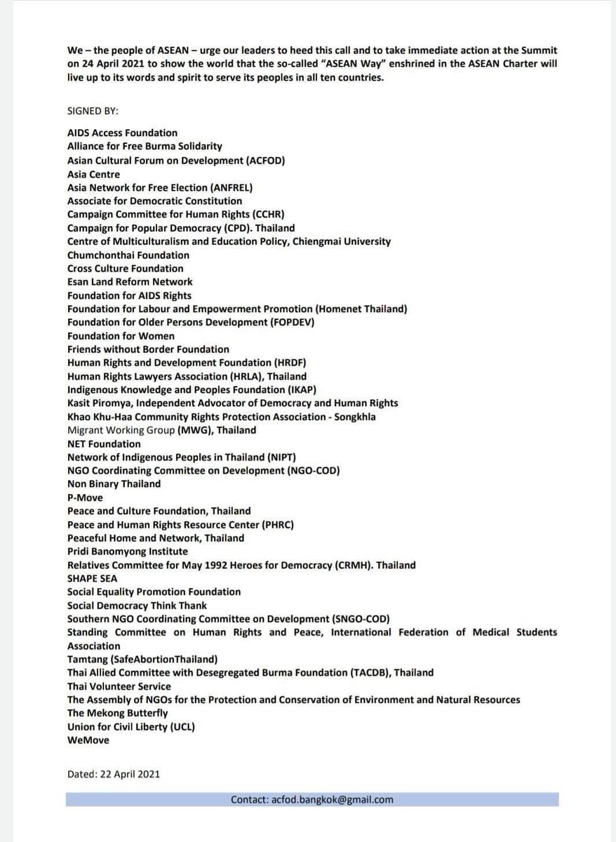 “We - the people of ASEAN - urge our leaders to heed this call and to take immediate action.” 45 groups seek action in Myanmar to stop killings and free detainees and invite <a href="/NUGMyanmar/">National Unity Government Myanmar</a> declared by junta opponents to talks #WhatsHappeningInMyanmar