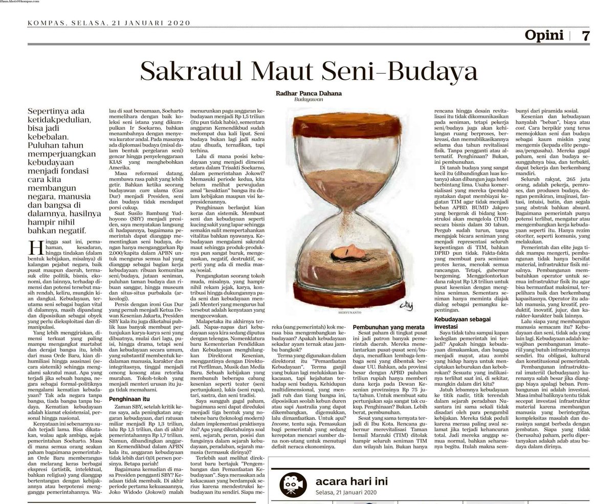 ilhamkhoiri's tweet photo. Ini tulisan Mas Radhar Panca Dahana di @hariankompas yg banyak dibicarakan. 
Dia menuding, kebudayaan kita makin tertekan oleh berbagai perilaku dan kebijakan negara. Produk budaya kita kian buruk, negatif, destruktif, sakratul maut. 
#radharpancadahana

https://t.co/NXbUHqAYC9 https://t.co/T8CsVXCn4w