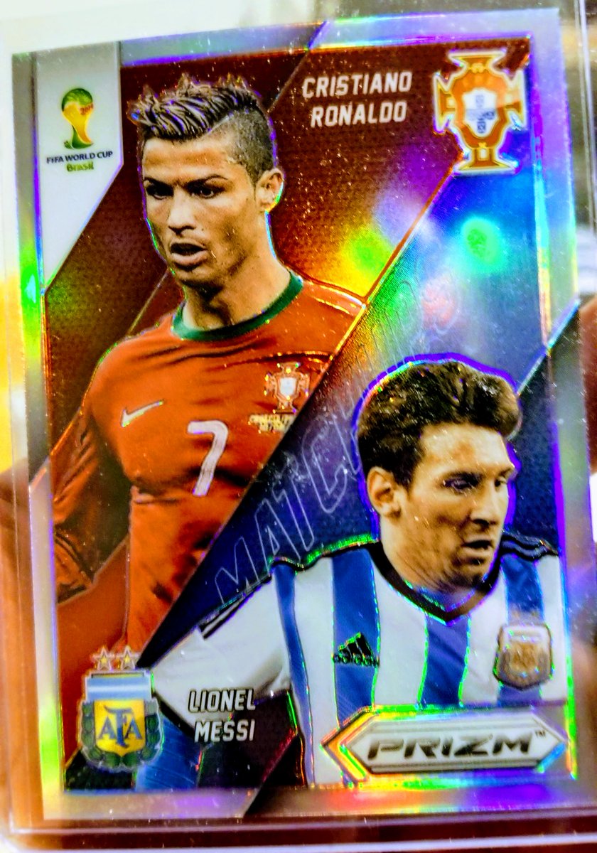 cardboredflexer's tweet photo. With the failed Super League in the news, here's a 2014 Panini World Cup Ronaldo/Messi Silver Prizm Matchups @PaniniAmerica @Cristiano #LionelMessi #Ronaldo @SHOWYOURHITS @sportscards #TheHobby #Collect https://t.co/oaO7dpnQhk