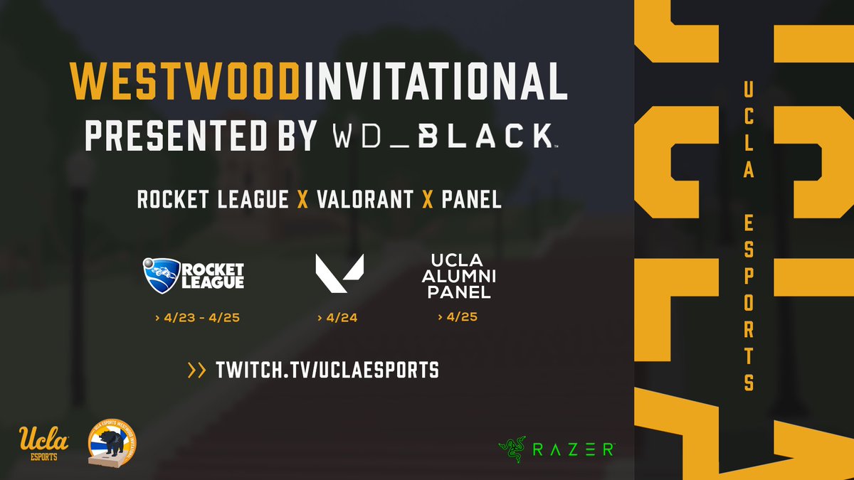 UCLACompSports's tweet photo. @uclaesports is hosting the Westwood Invitational starting tomorrow 4/23-4/25. 

They’ll be facing off against other universities in Rocket League and Valorant, while hosting a UCLA Alumni in Gaming panel. 

Hit the link in our bio for the full article and details on streams! https://t.co/B1z62AxqHz