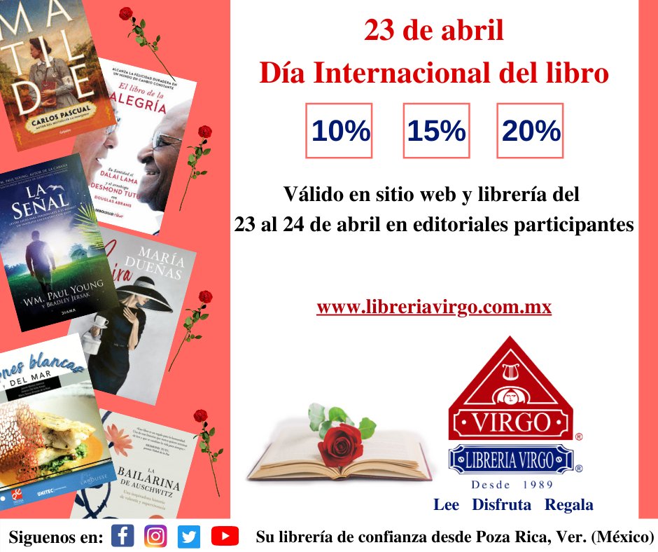libreriavirgo's tweet photo. Disfruta del día internacional del libro junto a tus autores e historias favoritas. Válido del 23 al 24 de abril de 2021.
Compra en línea: https://t.co/WpsL8b1OJa
Contamos con:
🚗Servicio a domicilio exclusivo en la ciudad de Poza Rica, Ver.
✈️Envíos nacionales e internacionales. https://t.co/GG8eoaadFT