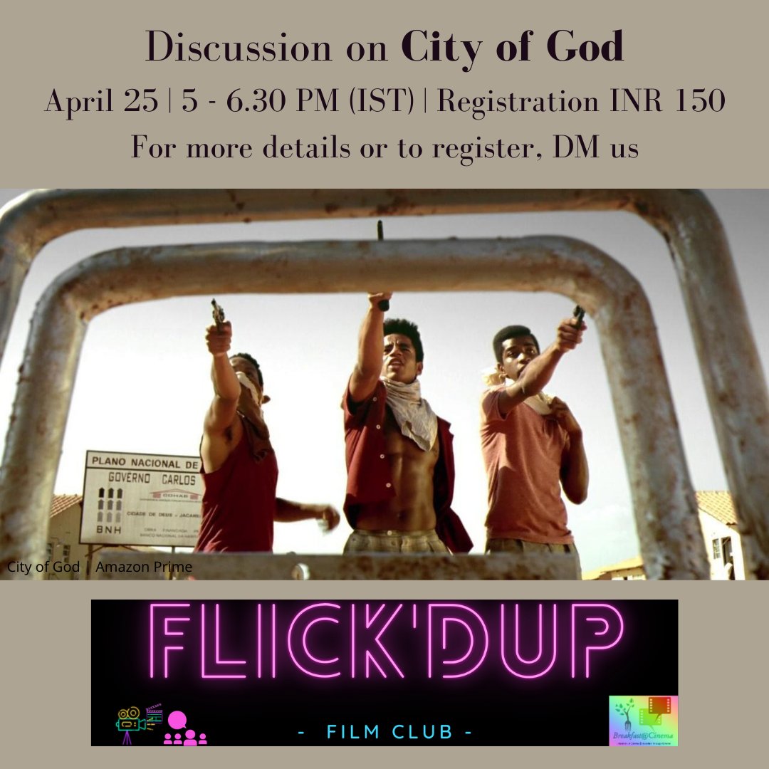 BreakfastAtCine's tweet photo. Only 2 days to go. Register now!
#FlickdupFC #filmclub #online #BrazilianCinema #FernandoMeirelles #KatiaLund #CityofGod #cinema #movies #film https://t.co/GwQxHpcDpO