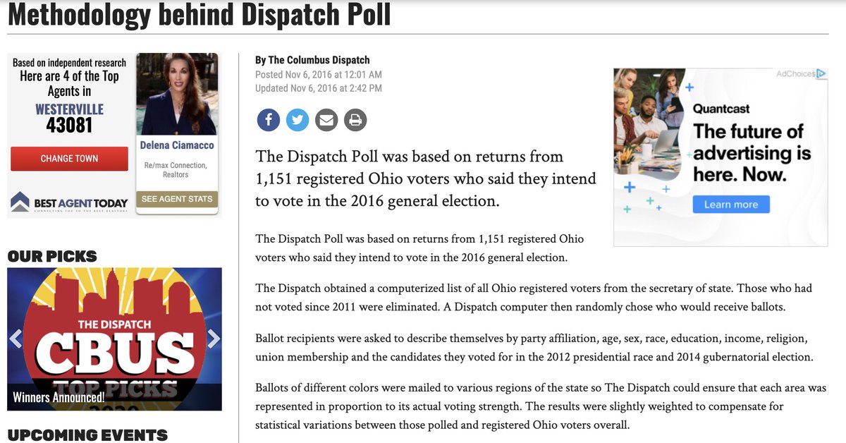This was also the case in 2016 when the poll was last conducted (I think you all know where this is going). The poll had a _great_ response rate (~10%) & was sampled off the OH voter file database which has great address coverage. https://www.dispatch.com/article/20161104/NEWS/311049729
