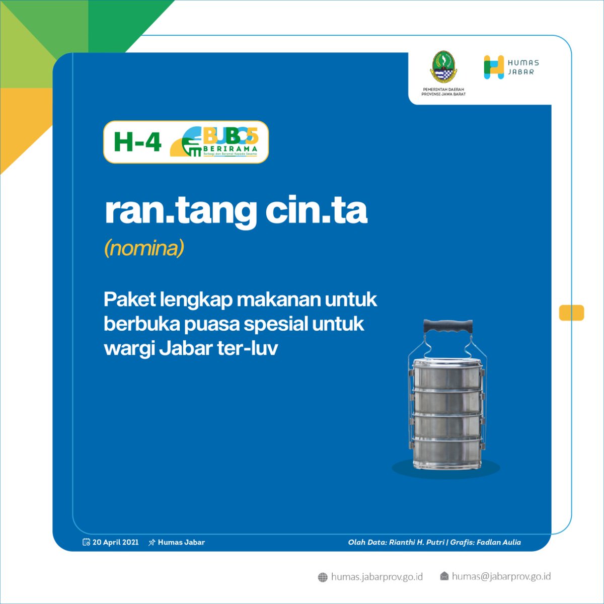 humasjabar's tweet photo. Wargii, berbagi di bulan Ramadan tentu akan menyenangkan, berkah diraih, doa didekatkan, dan cinta dilimpahkan 😇
.
Bubos 5 merupakan event penting bagi Jabar dalam membangun kebersamaan dan kebaikan di bulan Ramadan 🥰

#JawaBarat #BUBO5 #RantangASN https://t.co/G1NuZo1d0e