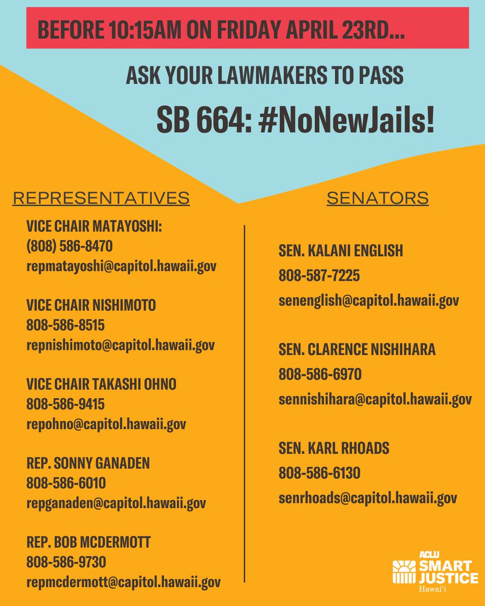 You know what to do: Tell the Hawai'i Legislature that we won't tolerate #NoNewJail, and we want to see our entire ohana supported, respected, and given the second chances they each deserve. 

Pass SB 664!