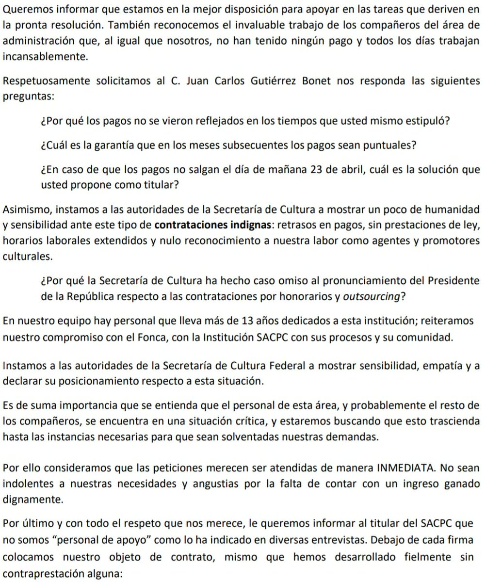 Convocamos a los medios a la comparecencia de #Bonet, con motivo de la falta de pago al personal del #FONCA, mañana a las 12 h en los <a href="/CC_LosPinos/">Complejo Cultural Los Pinos</a>. Entrada por puerta 1, edificio Bicentenario.
<a href="/Univ_Cultura/">El Universal Cultura</a> @reformacultura @CulturaMural @CronicaCultura <a href="/diario24horas/">@diario24horas</a>