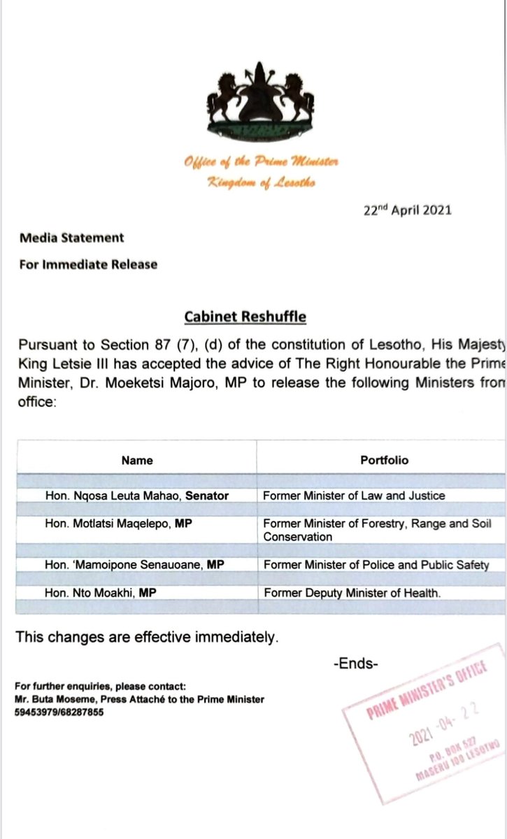 #Lesotho ⁦@PrimeMinisterLS⁩ Moeketsi Majoro has fired four more ministers including Deputy leader of the party he comes from -All Basotho Convention - Prof Nqosa Mahao 

Mahao and These ministers (MP’s) are part of the new party expected to unveiled today