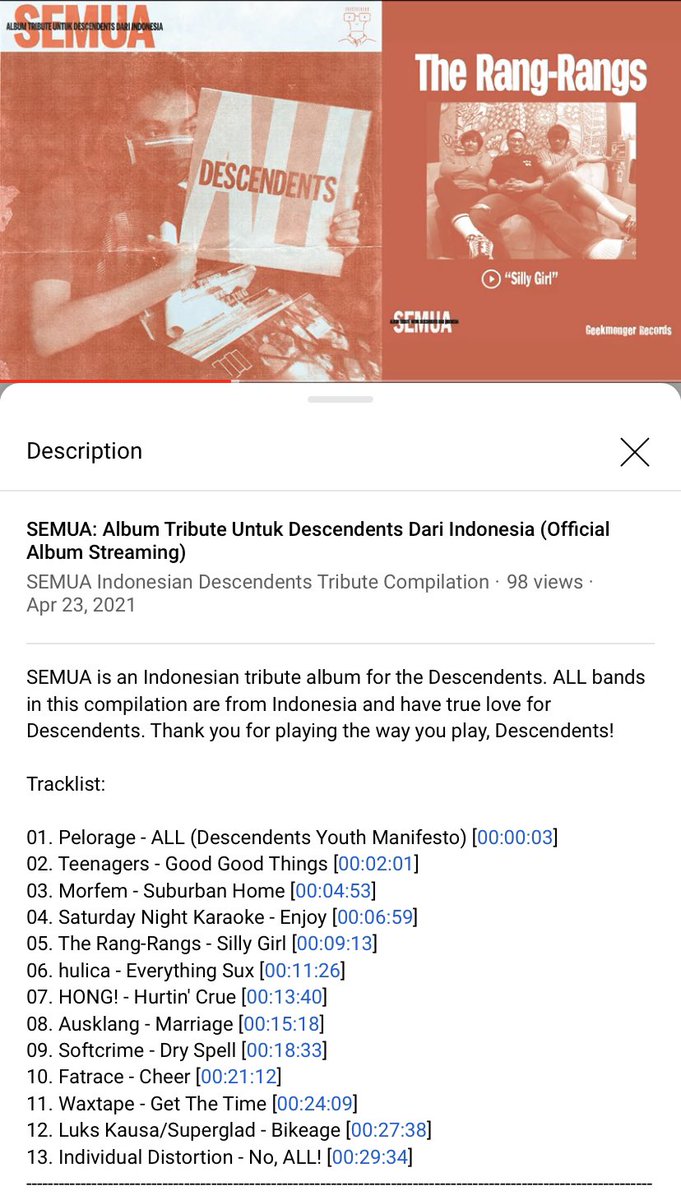 Descendents termasuk band punk rock yg underrated. Buat kompilasi ini aku paling seneng versi The Rang Rangs, Silly Girl jadi lebih kotor sound gitarnya dan Bikeage akustik versi Buluk 👍

youtu.be/TsQqIzHtgBI