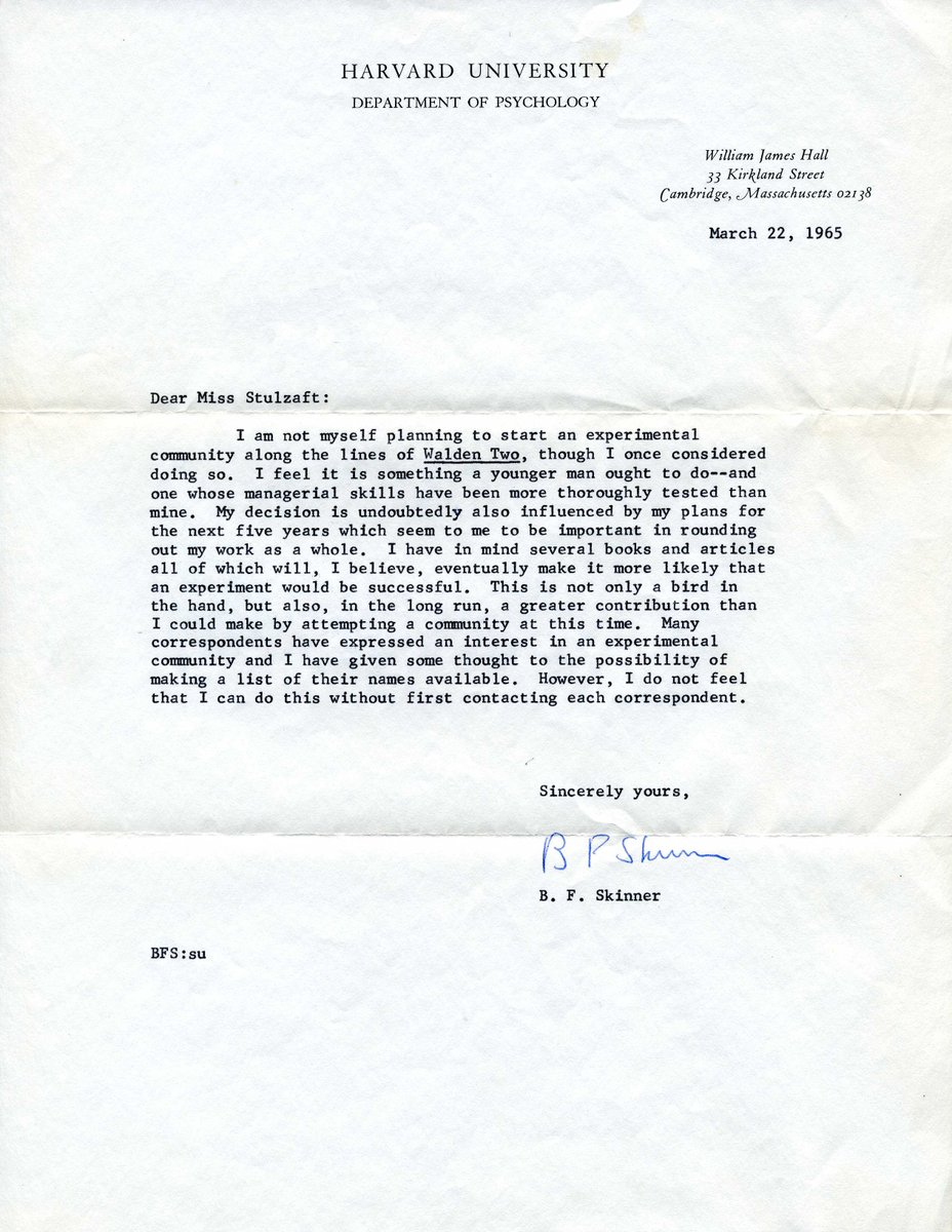 5/7As a young psychology major, my mom wrote to B.F. Skinner, curious if he planned to follow through on turning the ideas of "Walden Two" into a reality. Here's his letter back. (And to think that many of us today think we're too busy to reply to e-mails!)