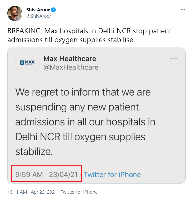 Max Hospital tweeted SOS tweet demanding Medical Oxygen supplies at 9:59 AM & within next 3 minutes by 10:02 AM, Medical Oxygen reached there. They would have spoken to Authorities over Phone Line earlier, SOS tweet was just for pressure building.