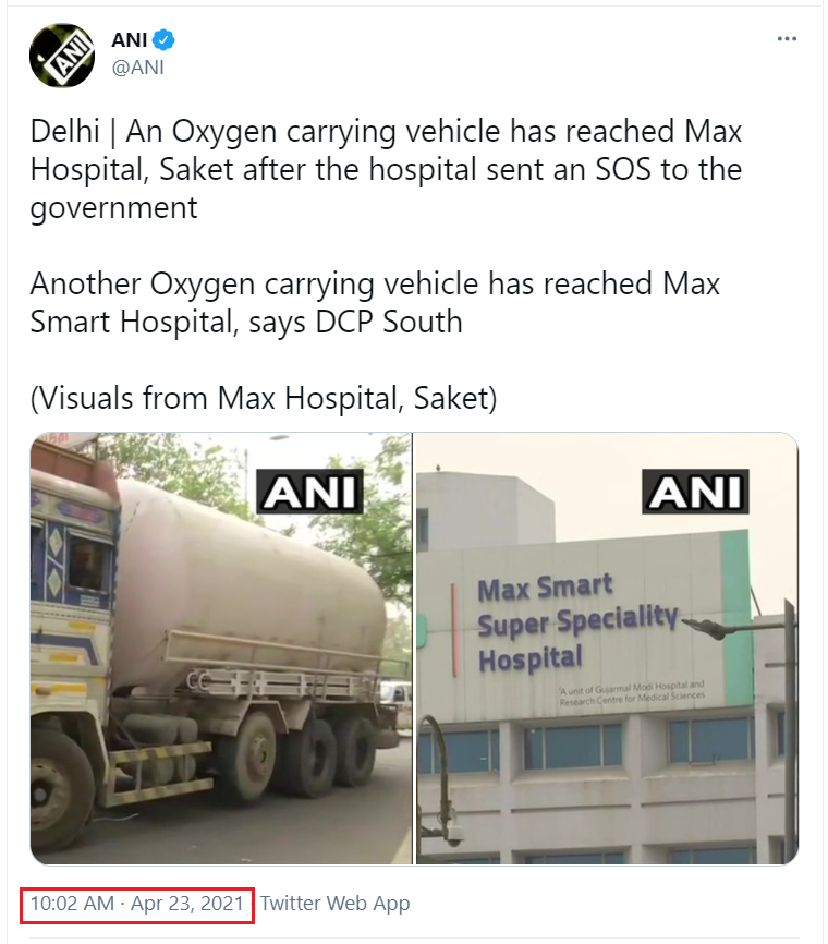 Max Hospital tweeted SOS tweet demanding Medical Oxygen supplies at 9:59 AM & within next 3 minutes by 10:02 AM, Medical Oxygen reached there. They would have spoken to Authorities over Phone Line earlier, SOS tweet was just for pressure building.