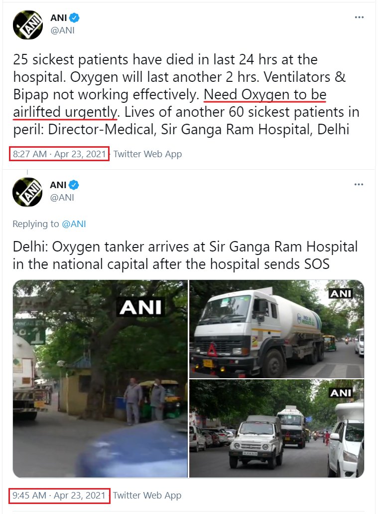 Sir Ganga Ram Hospital sending SOS, reported at 8:27 AM & by 9:45, Medical Oxygen reached there. What was the need of SOS tweet, that too on Social Media. They would have spoken to Authorities over Phone earlier. SOS tweet is just for pressure building.