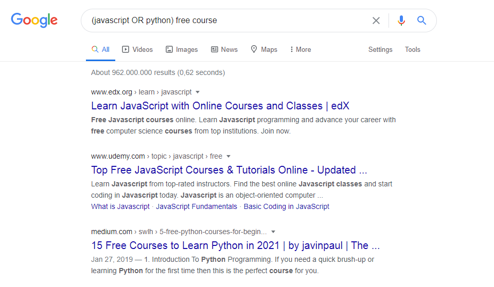 3. You can use the OR operator to get the results related to one of the search terms(javascript OR python) free course