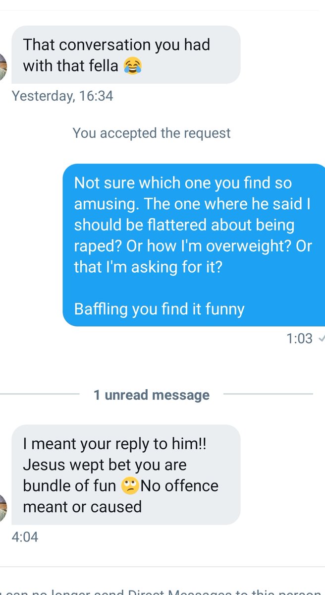Oh my god. Don't send me a private DM expecting me to joke with you about my experience and then telling me how I'm no fun when I don't find you amusingRead the room.