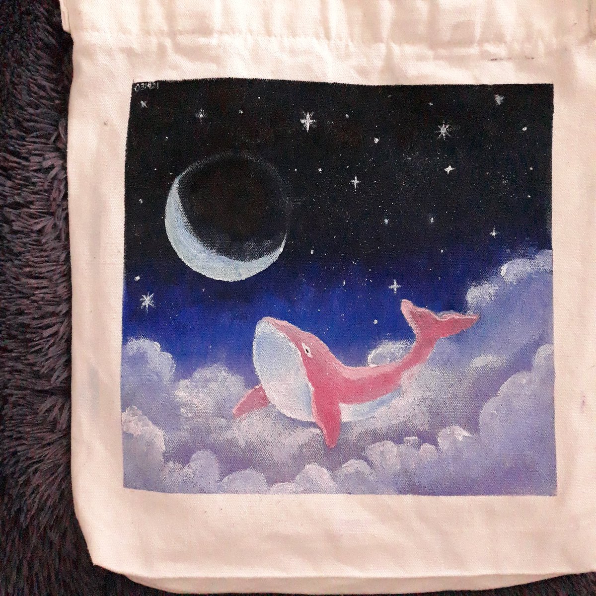 My favorite of all the art i did. My unsused tote bag that i tried to paint on and now i can use it ksksksks planning to make more designs and sell it but idk when ksksks