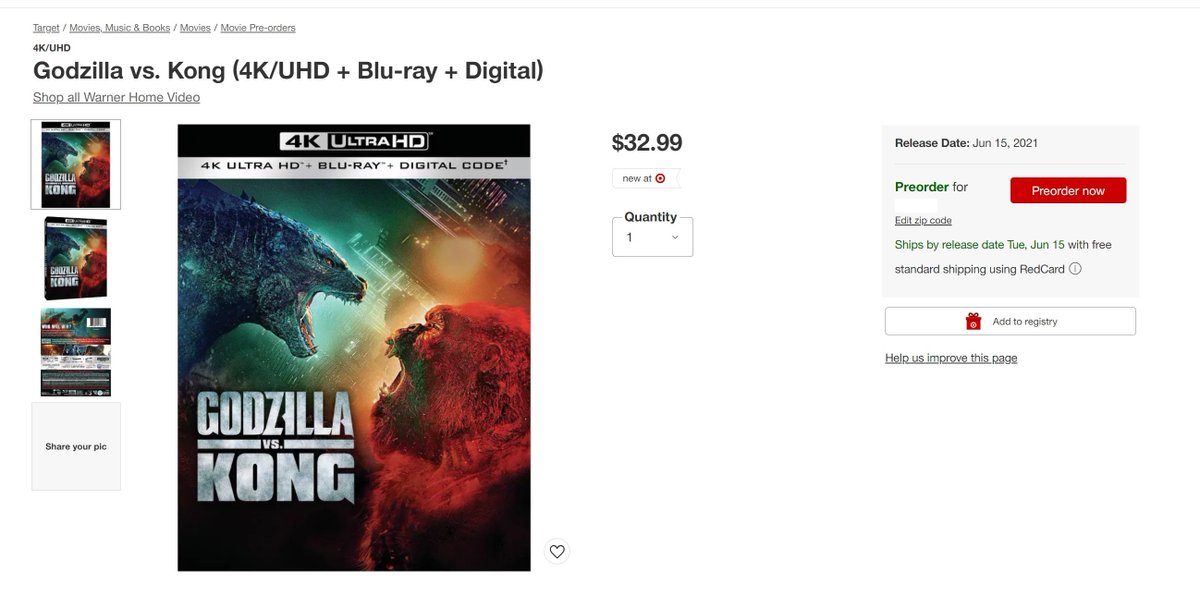 Target told the whole world yesterday that GODZILLA VS KONG was also coming to 4K UHD Blu-ray and Blu-ray on June 15th and then removed their preorder listings. They had every bit of detail you could imagine, all via the package art backs. I like to do SCREENSHOTS by the way.