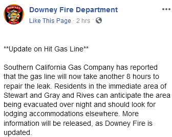 Updated from the Downey Fire Department at 8:00pm this evening:

facebook.com/DowneyFireDepa…