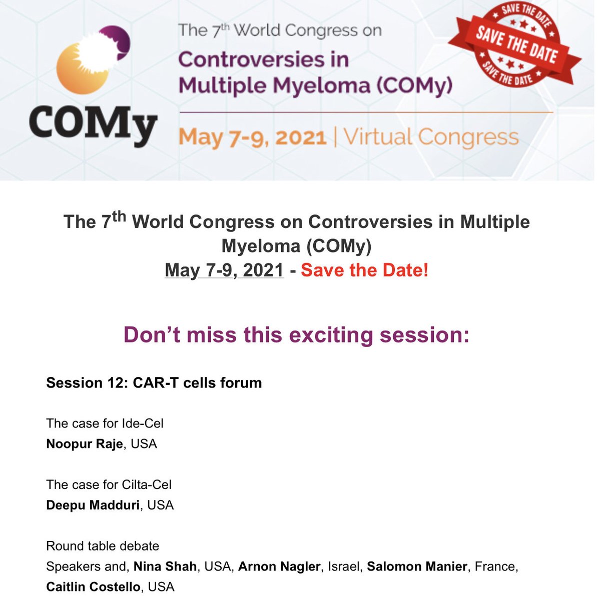 Mohamad Mohty (@mohty_ebmt) on Twitter photo FREE registration to the <a href="/COMyCongress/">COMy</a> . Thank you all for your great support and amazing contributions. <a href="/NoopurRajeMD/">Noopur Raje</a> <a href="/DMadduri/">Deepu Madduri</a> <a href="/ninashah33/">Nina Shah</a> <a href="/Ccostello7/">Caitlin Costello, MD</a> <a href="/SagarLonialMD/">Sagar Lonial MD</a> <a href="/End_myeloma/">Luciano J Costa</a> <a href="/VincentRK/">Vincent Rajkumar</a> and many others FREE registration to the <a href="/COMyCongress/">COMy</a> . Thank you all for your great support and amazing contributions. <a href="/NoopurRajeMD/">Noopur Raje</a> <a href="/DMadduri/">Deepu Madduri</a> <a href="/ninashah33/">Nina Shah</a> <a href="/Ccostello7/">Caitlin Costello, MD</a> <a href="/SagarLonialMD/">Sagar Lonial MD</a> <a href="/End_myeloma/">Luciano J Costa</a> <a href="/VincentRK/">Vincent Rajkumar</a> and many others