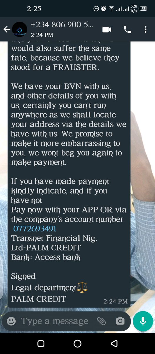 Vaam8701's tweet photo. @PalmcreditNG 
So your legal department sent this to me. What happened to customer centric nature?

This is so rude https://t.co/VfZQ1FYTCr