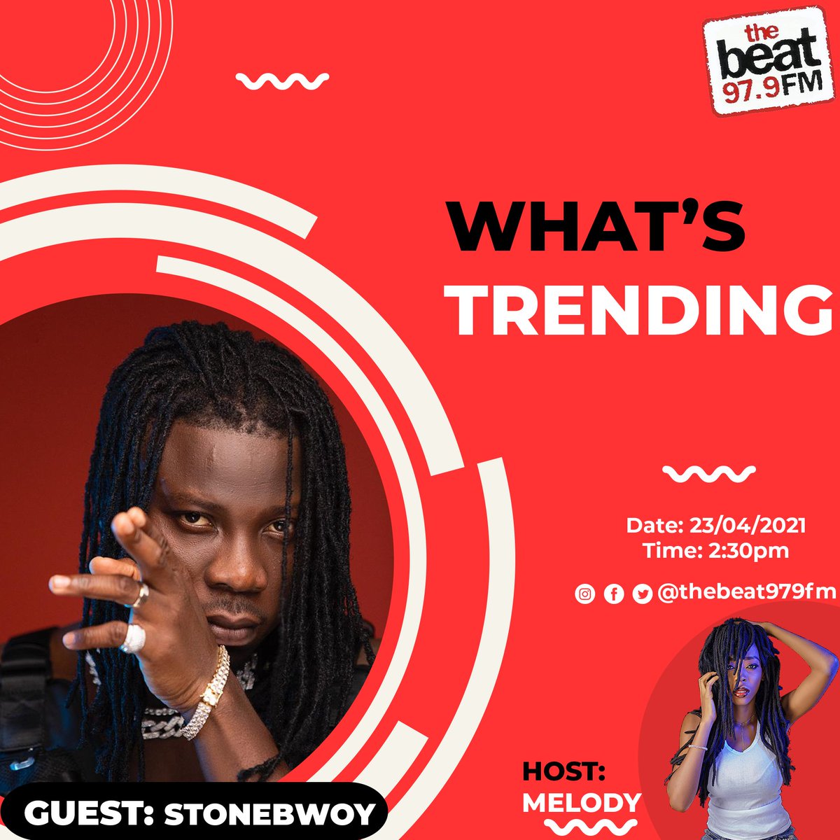 Ghanaian Afropop, dance hall and reggae singer, Stonebwoy (@stonebwoyb) will be on #WhatsTrending with Melody Ifeanyi Adigo "MIA" (<a href="/themelodynotmia/">M.I.A</a>) by 2:30PM today. You don't want to miss the interview.