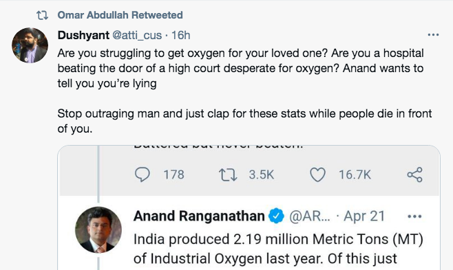 1. Unrelenting abuse since yesterday. Because journalist  @atti_cus deliberately misconstrued my tweet that countered his outrage at the fake news that India was exporting Medical Oxygen.But Instead of apologising he now gets politicians to amplify his lie. These guys are vile.
