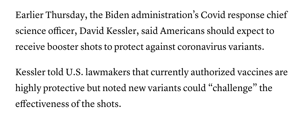 Rich govts & drug companies know the rollout is going too slowly to meet global need. As they talk about "3rd shot" boosters - which will deepen the fight over short supplies - they also mention needing modified & new vaccines to combat new variants.  https://www.cnbc.com/2021/04/15/pfizer-ceo-says-third-covid-vaccine-dose-likely-needed-within-12-months.html