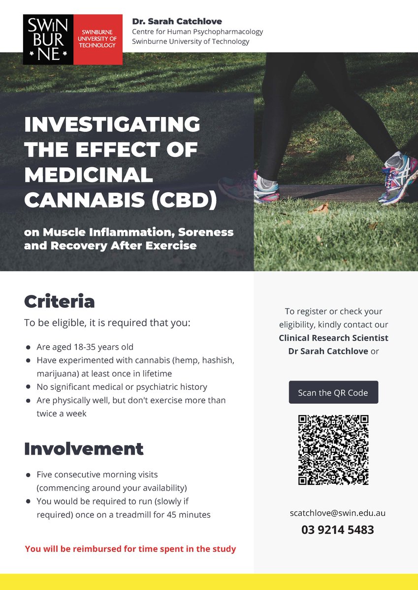 Seeking healthy participants aged 18-35!

<a href="/SwinCHP/">Centre for Human Psychopharmacology</a> are investigating the effects of medicinal cannabis on recovery after exercise 💪🏋️🚴 

To participate, or for further information, please contact Dr Sarah Catchlove at scatchlove@swin.edu.au 📧