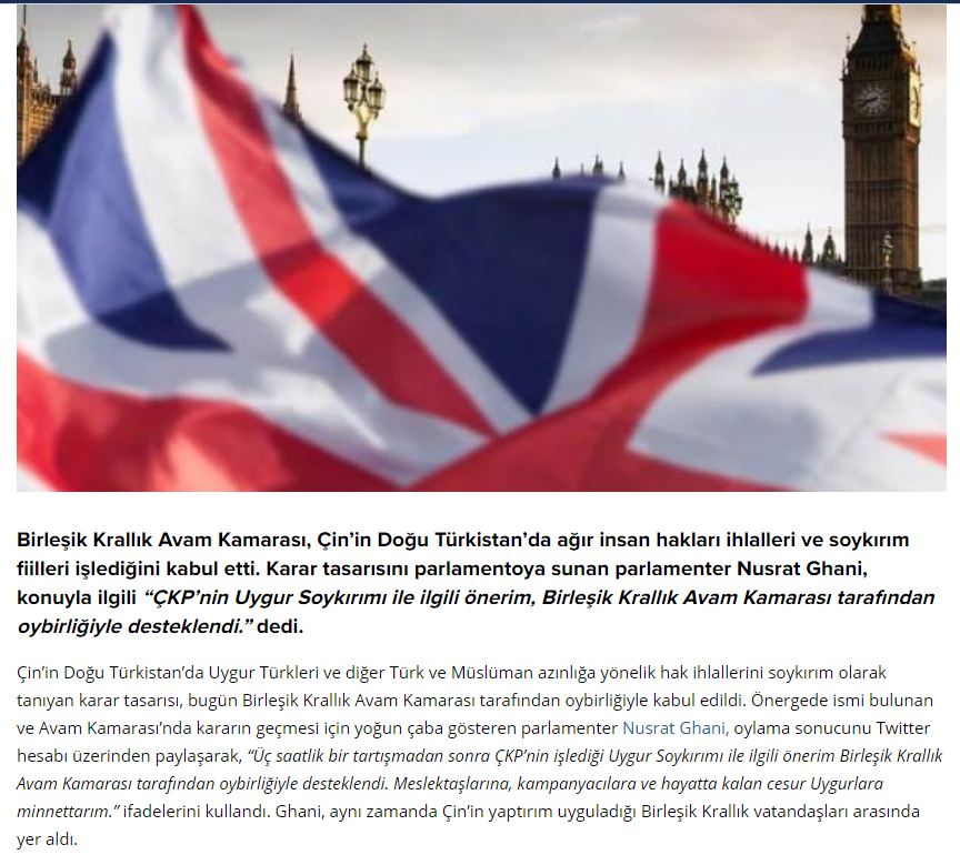 ABD, Kanada ve Hollanda'dan sonra İngiltere de Çin'in Uygur Türklerine uyguladığı sistemli insan hakları ihlallerini soykırım olarak tanıdı.