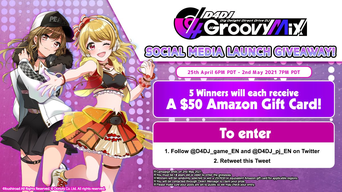 🎁GIVEAWAY🎁
We're giving away 5 $50 Amazon gift cards to celebrate the launch of #D4DJGroovyMix's official social media accounts!
To participate, simply follow <a href="/D4DJ_game_EN/">D4DJ Groovy Mix EN【Official】</a> &amp; <a href="/D4DJ_pj_EN/">D4DJ Project EN【Official】</a> on Twitter and RT this Tweet!
👇Check the image for more details!👇