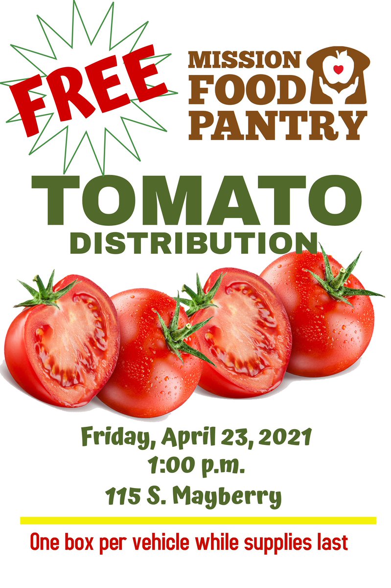 CityOfMissionTX's tweet photo. 🍅 FREE tomato distribution for our community today at the Mission Food Pantry, 115 S. Mayberry, 1pm. Drive by, and get a box. 📦 Kindly wear a 😷 mask! #MissionHelps 🍅 https://t.co/ANwL5mEcVa