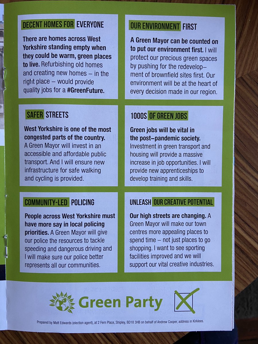 ANDREW COOPER, Green Party. Cooper’s running mate is a former Bradford councillor & NHS worker (+1 for me) and is hot on green jobs and green homes & the environment, and accessible & affordable public transport. Good policy on high streets IMHO