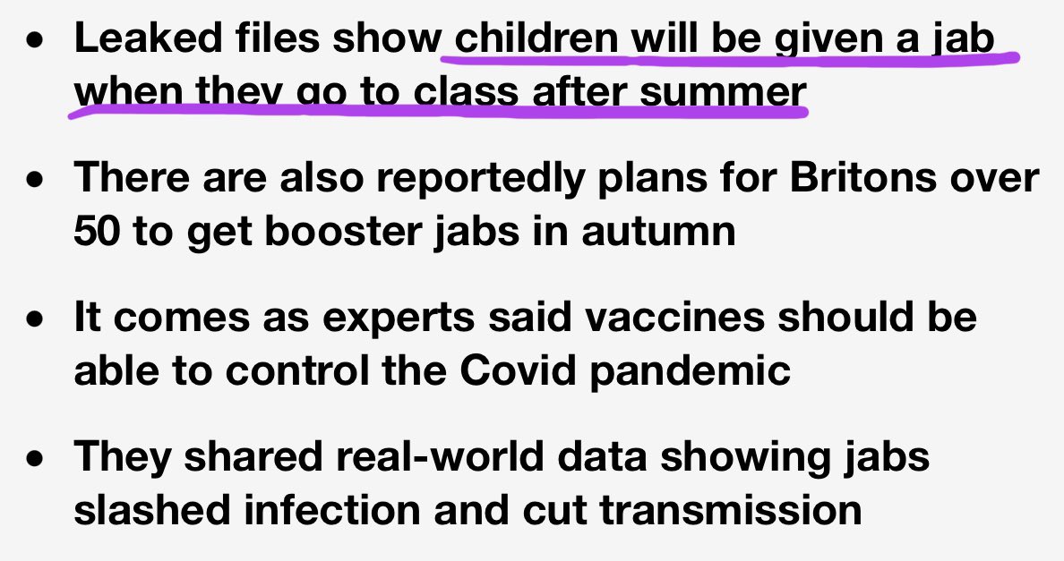 2. They are coming for your kidsGovernment wants to jab your kids - possibly from 5 + above - with trial gene drugs...not once but 3-4 times a year every year for lifeDoes this make kids GM-kids? #CrimeAgainstChildren  #LeaveOurKidsAlone #DoNotConsent @KathyConWom  @BreesAnna  https://twitter.com/kathyconwom/status/1385501284065742848