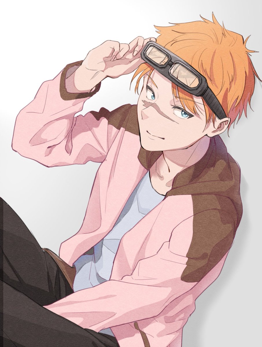 1boy male focus goggles orange hair scar solo goggles on head  illustration images