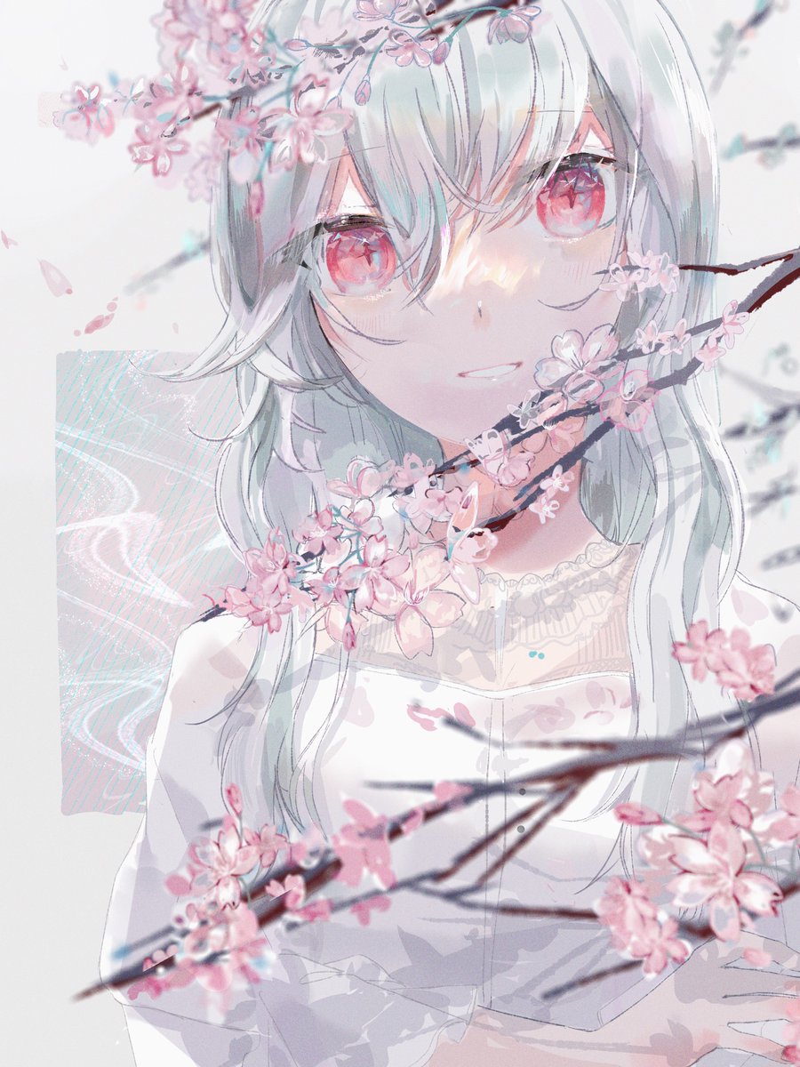 1girl solo looking at viewer portrait red eyes cherry blossoms parted lips  illustration images