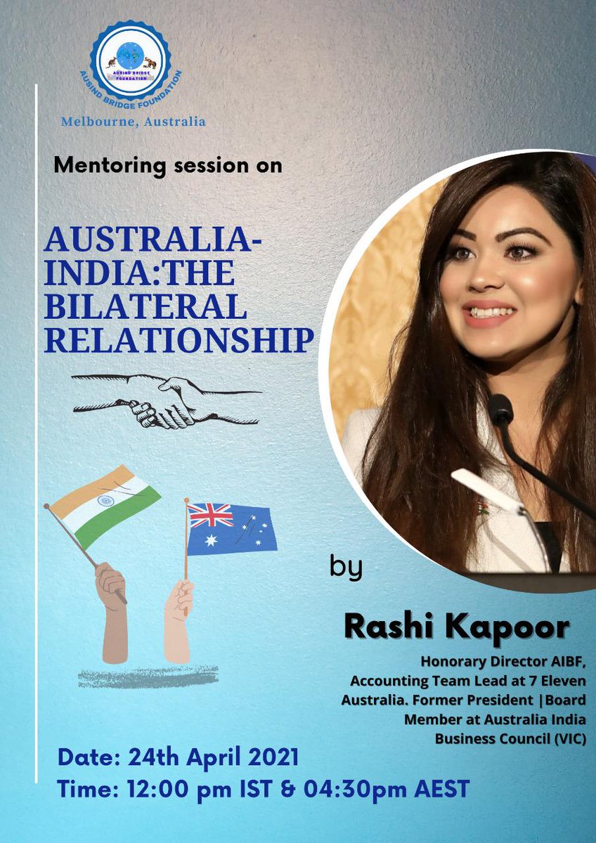 Thank you @rashikapoorr for designing a Mentoring Session on #AustraliaIndia Ties for students, interns &amp; team in India and Australia. Rashi is a youth icon, TEDx Speaker and a <a href="/MonashBusiness/">Monash Business School</a> alumna. Thank you <a href="/MrDeepakVinayak/">Deepak Vinayak OAM JP</a> @TheCarolineMCG &amp; <a href="/KajalPandaa/">Kajal Panda</a> for coordinating.
