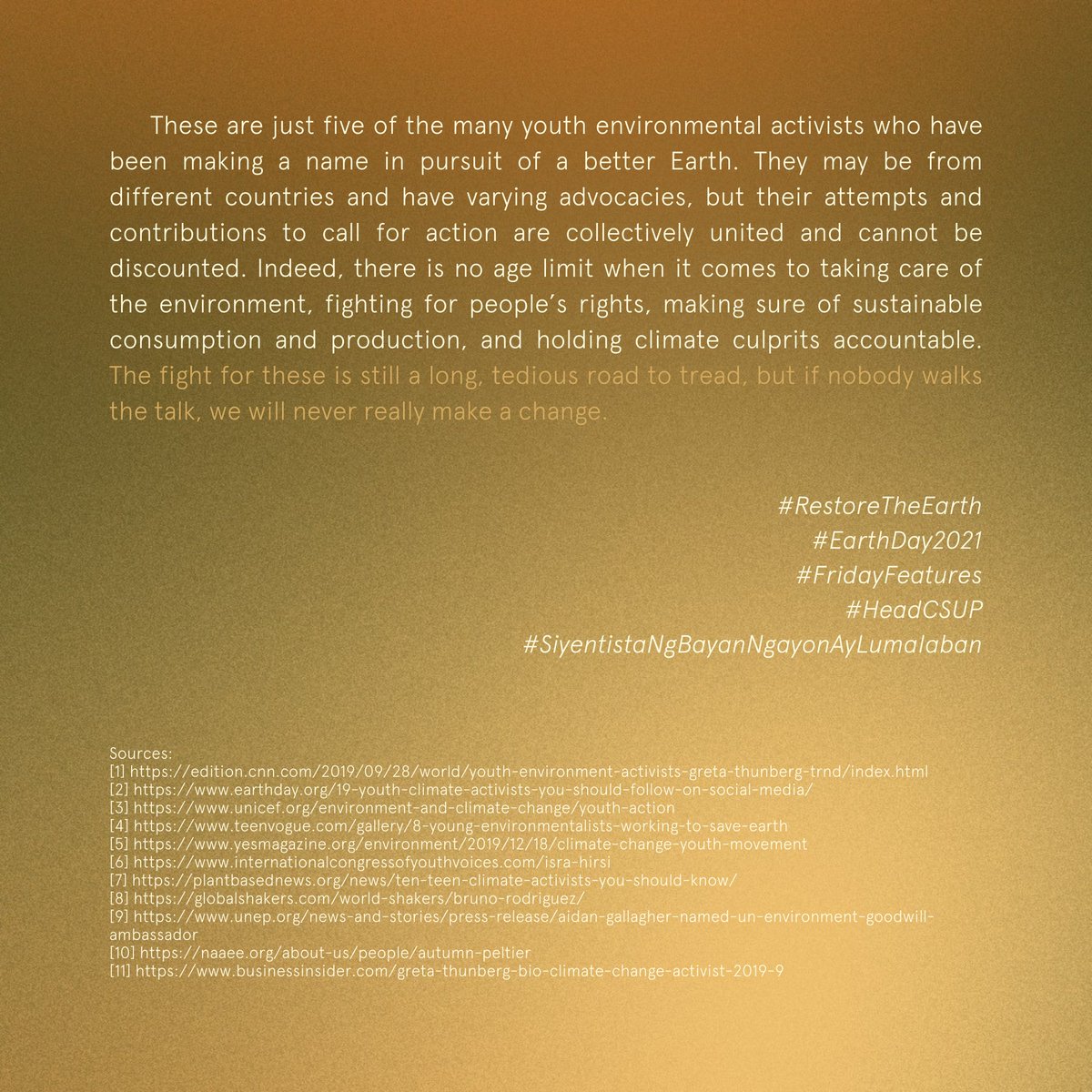 updcsfstc's tweet photo. Special thanks to:
@upcssc
@UPSESC
#RestoreTheEarth
#EarthDay2021
#FridayFeatures
#HeadCSUP
#SiyentistaNgBayanNgayonAyLumalaban https://t.co/rCQFH2uTZy