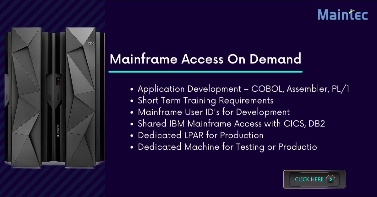 Maintec_Tech's tweet image. A comprehensive set of mainframe services includes Mainframe IDs, Mainframes zOS Connectivity, Mainframes Access monthly rental, Mainframes OS 390 Connectivity, Mainframe access for training purposes.  Visit- lnkd.in/f_3QJUH
#mainframeondemand #mainframeaccess #mainframe