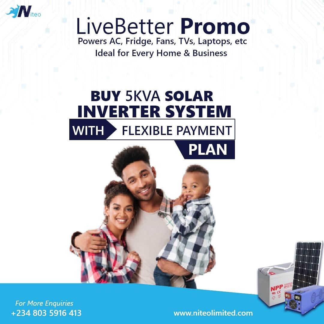 Buy 5kva solar-inverter and pay conveniently in 3 installment. Ideal for homes and businesses. 

No more power outrage🕯️💡⚡

Call us today; 
+234 803 5916 413. 

T &amp; C apply.

#NiteoLimited #NiteoSolarSolutions #RenewableEnergy #LiveBetter #bitcicoin
