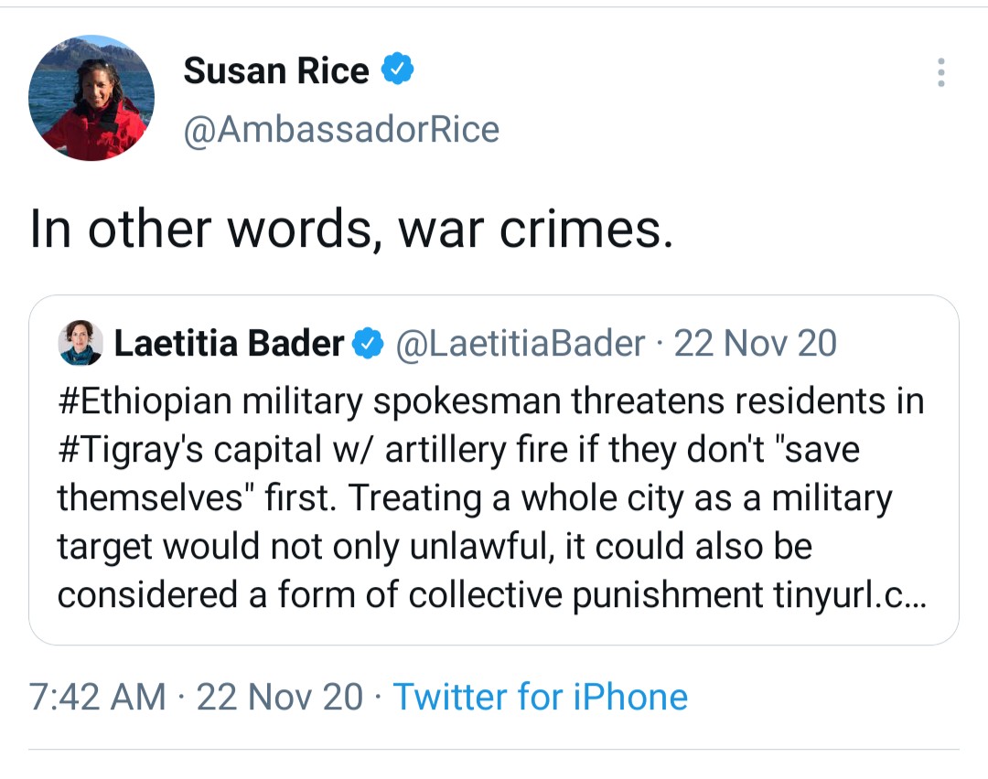 26) The first signs of desperation, as  #TPLF was being trounced by the  #Ethiopia|n army, came on 22 Nov 2020 when Susan Rice  @AmbRice46, "the TPLF's godmother", then waiting in the wings for Secretary of State position in the  @JoeBiden presidency, started to insinuate  #WarCrimes.