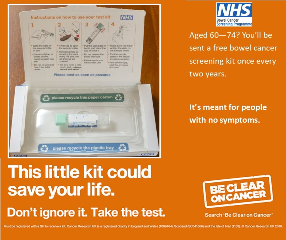 A new test kit called the faecal immunochemical test (FIT) was introduced in England in June 2019. This kit is now sent with all invitations for bowel cancer screening.

For further information on screening you can visit nhs.uk/conditions/bow… or call 0800 707 60 60.